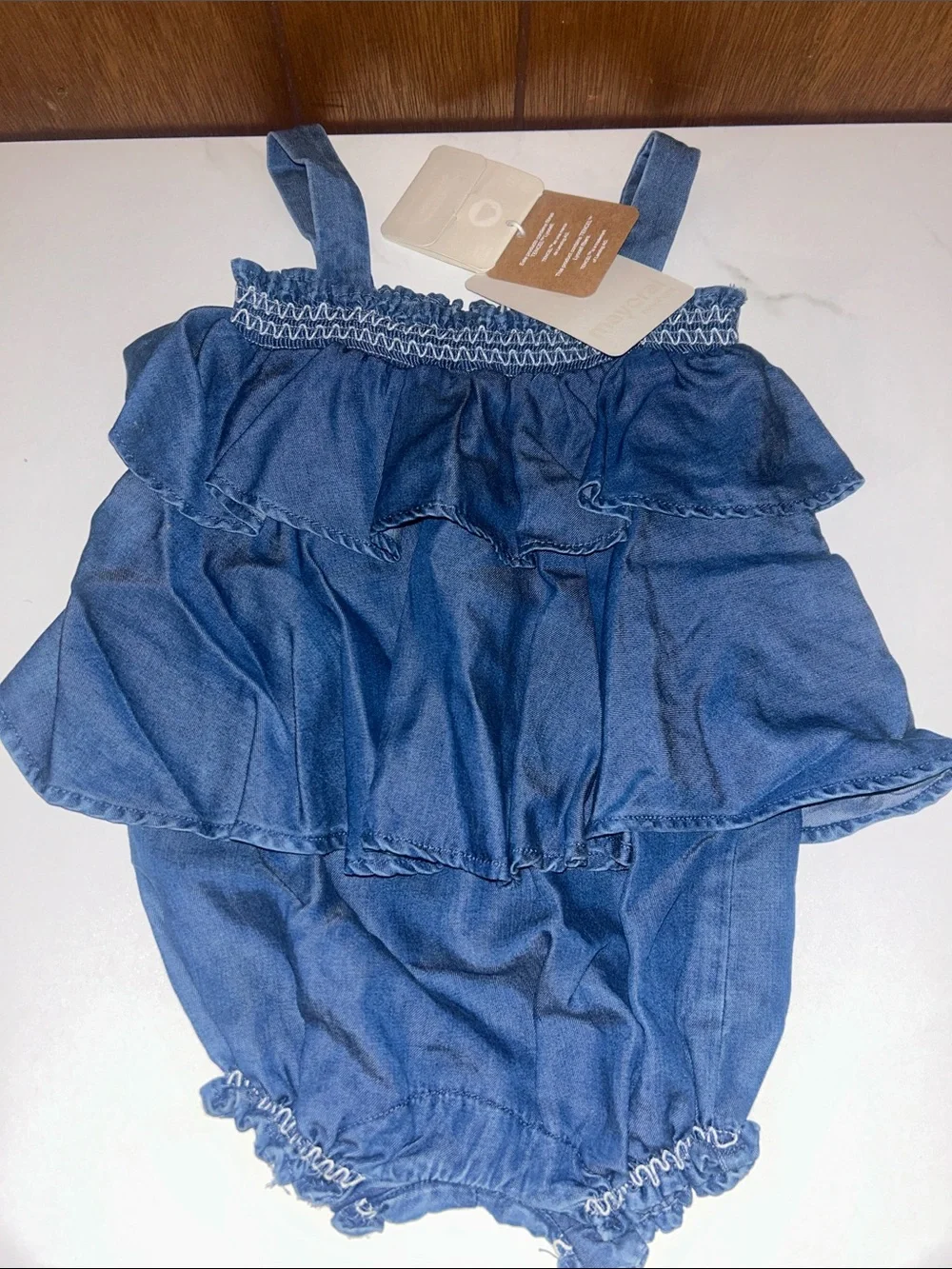 3/$25 Mayoral | Blue Chambray Ruffle Romper